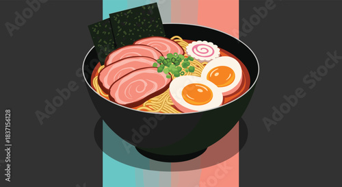 A delightful digital illustration depicting a steaming bowl of authentic Japanese ramen, garnished with chashu, eggs, nori, and narutomaki.