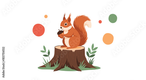 A cute cartoon squirrel with a fluffy tail sits on a tree stump, holding an acorn in its paws, surrounded by autumn-colored dots and leaves.