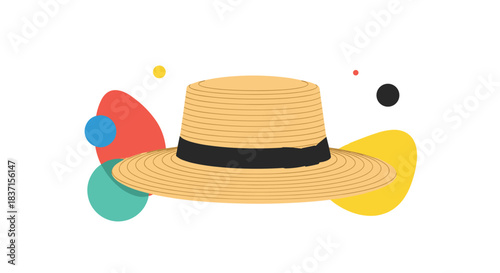 A classic straw boater hat with a black band, surrounded by vibrant abstract shapes and dots, depicted in a playful vector art style.