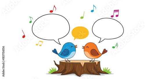 Two cute cartoon birds sing and communicate on a tree stump with musical notes and speech bubbles surrounding them.