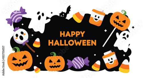 A festive Happy Halloween illustration featuring classic holiday elements like jack-o'-lanterns, friendly ghosts, and an assortment of sweet treats.