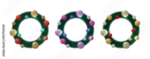 赤、ゴールド、ティール、マゼンタの鮮やかなオーナメントボールで構成された3種類のクリスマスリースセット、3Dレンダリングされたホリデーシーズンの装飾フレーム素材