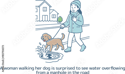 道路のマンホールから水が溢れているのを見て驚いている犬の散歩をしている女性
A woman walking her dog is surprised to see water overflowing from a manhole in the road