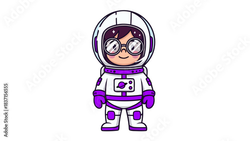 Pixel Art Spaceman Character Wearing A White Astronaut Suit With Purple Accents And A Helmet With Glasses Floating In Space With A Planet Emblem On Chest Against A Black Void Background