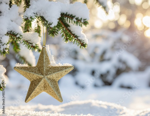 A gold glitter star Christmas ornament hanging from a snow-covered evergreen tree branch in a winter wonderland scene with blurred background.