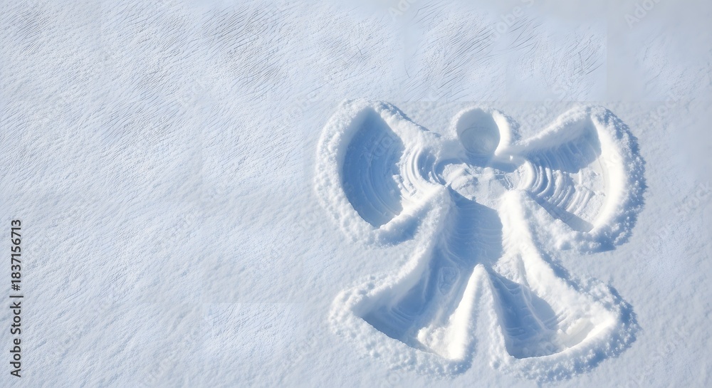 Naklejka premium Classic snow angel imprint pressed into pristine white snow from an overhead view, depicting a winter fun concept and joyful outdoor activity
