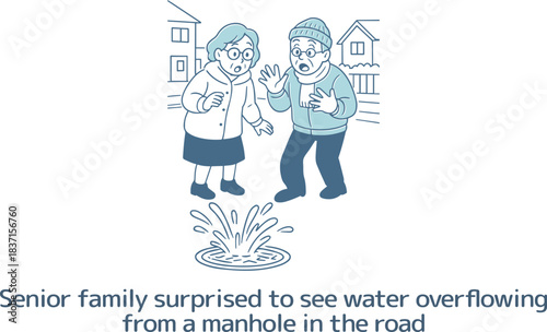 道路のマンホールから水が溢れているのを見て驚いている犬の散歩をしているシニア夫婦
A senior couple walking their dog are surprised to see water overflowing from a manhole in the road