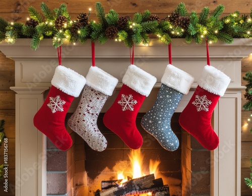Five Christmas stockings with white cuffs and snowflake designs hang from a green garland above a warm fireplace with a lit fire in a cozy room.