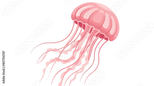 Pixel Art Pink Jellyfish Floating Gracefully Underwater with Delicate Tentacles and Translucent Bell Shape Against a Stark Black Background Detailed Vector Illustration