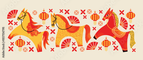 Chinese New Year Horse 2026 vector set. Lanterns, fans and floral elements on light background. Chinese New Year celebration concept. Design for poster, banner, greeting card Traditional Lunar holiday