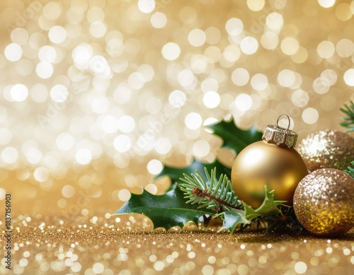 Close-up of gold Christmas ornaments and holly on a glittering gold background with bokeh lights, conveying a festive mood.