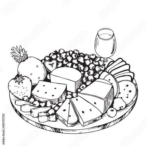 Summer fruit and cheese charcuterie board drawing design black and white delicious vector.