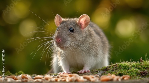 Fancy rat crouched looking alert in close up view