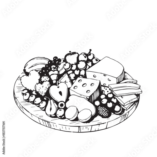 Summer fruit and cheese charcuterie board drawing design black and white delicious vector.