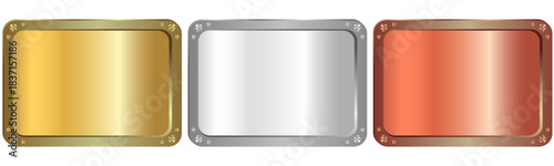 Silvery white metal plates in various vintage shapes with decorative edges and screw holes. Metallic label for engraving, signage, awards, door signs. Realistic vector illustration.transparent 