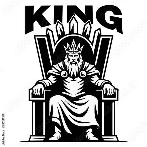 Powerful King Sitting on Throne Black and White Vector Illustration, Royal Monarch Logo Emblem in Vintage Graphic Style for Branding and T-Shirt Design Isolated on White Background