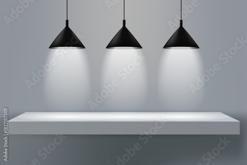 Modern hanging chandelier for ceiling lighting. Realistic illustration of a showroom for a product presentation, a museum exhibition, a shop window, an empty advertising platform 