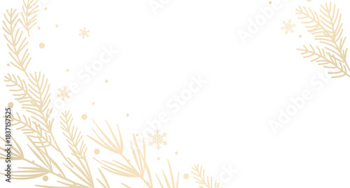 Winter golden floral background. Corner. Luxury Christmas pattern with fir branches and snow. Vector illustration with elegant hand drawn winter botanical decorative elements