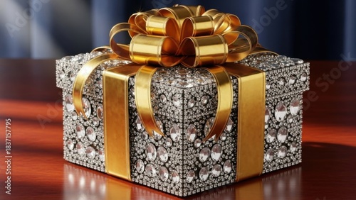 A luxurious gift box shimmering with crystals and a magnificent golden bow