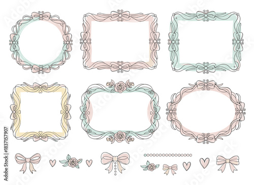 A set of hand‑drawn scribble frames, featuring a coquette vintage style with line ribbon border decorations, ornate retro romantic contour patterns, decorative elements for card invitations, and
