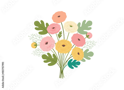 Ranunculus blossoms and foliage form a stunning spring bouquet of blooming garden plants, featuring delicate flowers, green leaves, and stems in a summer botanical flat vector illustration set