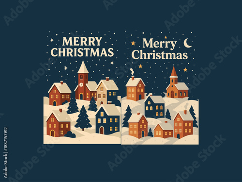 Slika na platnu Christmas celebration theme banner, village houses, snow, warm lights, clea