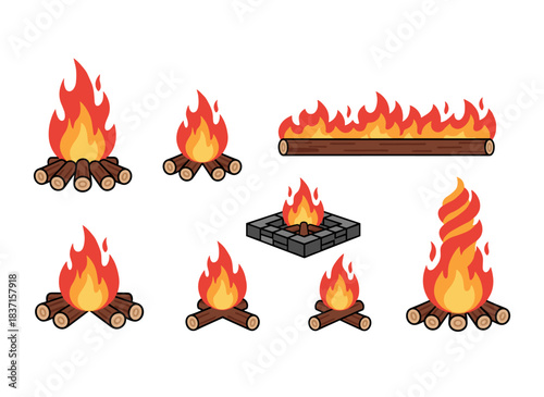 A set of blazing bonfires or campfires displayed against a white backdrop, featuring animated flames over firewood or logs, bundled decorative elements, rendered as a flat cartoon vector illustration