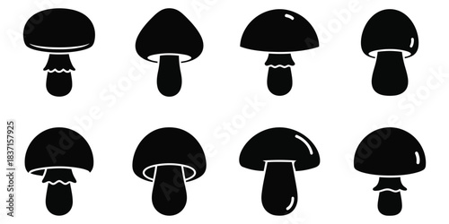 Vector silhouette of collection of eight black and white mushroom silhouette icons showing different cap shapes