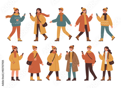 A contemporary, cheerful group of people: stylish young men and women strolling down the street in autumn attire, carrying phones and bags, depicted as flat vector illustrations on a white background