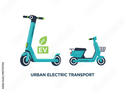 Eco-friendly electric scooter, a clean urban transport option. Electro moped, EV. Motorized e-vehicle, escooter, emoped for city travel. Flat vector graphic illustration on a white background