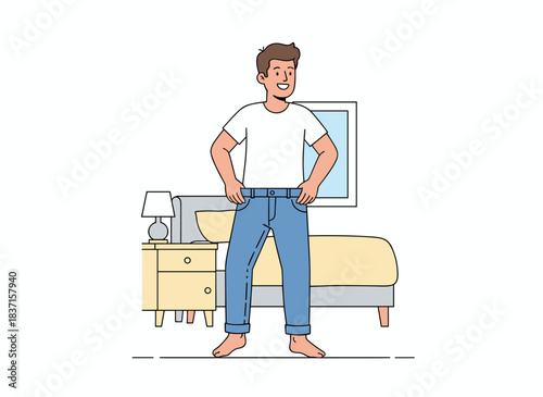 A man is putting on trousers and getting ready in the morning, happily donning jeans and changing his clothes at home, shown in a flat vector illustration on a white background