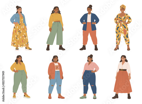 A set of plus‑size women showcased in fashionable attire, featuring curvy girls in trendy outfits, depicted as female cartoon characters against a white backdrop in a flat‑style colored vector