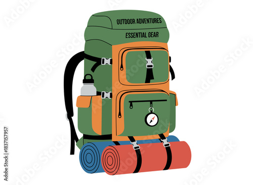 A pocketed hiking backpack, also known as a rucksack or camping bag, is essential travel gear for outdoor adventures, depicted as a large piece of luggage in a flat vector illustration on a white