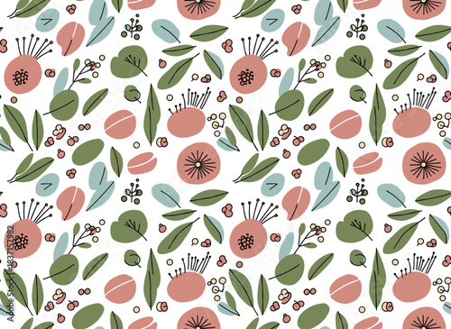 A continuous floral design featuring eucalyptus blossoms against a white backdrop, offering an infinite botanical pattern suitable for printing and decoration, rendered as a hand‑drawn colored vector