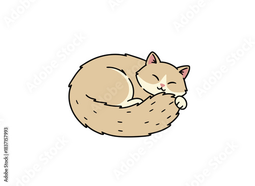 A relaxed, fluffy beige cat lies asleep in a flat vector illustration, its furry tail tucked beneath it, surrounded by a clean white background