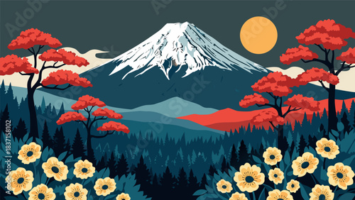Stylized Japanese Mountain Landscape with Vibrant Flora and Dramatic Sunset