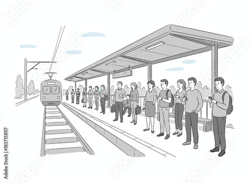 A monochrome horizontal sketch shows passengers waiting for a suburban electric train, rendered as a hand‑drawn vector illustration