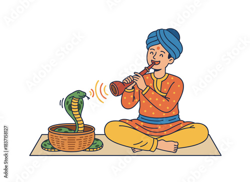 A cheerful Indian street performer wearing a turban plays a traditional pungi for a cobra, depicted in a bright flat vector illustration set against a white background