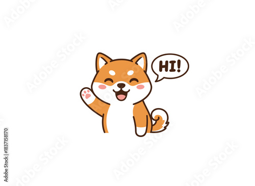 A charming Shiba Inu puppy waves its paw and says hello, a sweet Japanese greeting gesture, depicted in a bright flat vector illustration of a playful Akita dog against a white background