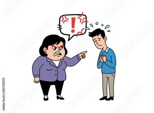 A cranky female manager and a male staff member stand alone against a white backdrop, with the boss scolding the employee, depicting a workplace clash in a bright, flat cartoon vector illustration
