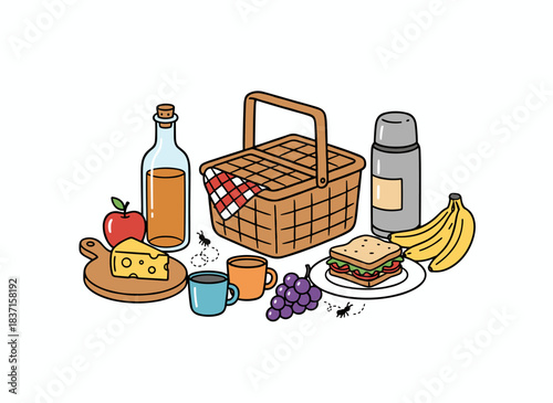 A hand‑drawn set of picnic items, featuring a variety of foods, drinks, and a basket, illustrated in contour style