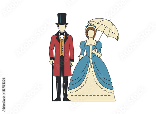 A couple from the 18th century, a nobleman and a noblewoman, aristocrats of the 19th century, depicted as a gentleman in a hat and costume and a lady holding an umbrella in a Victorian dress