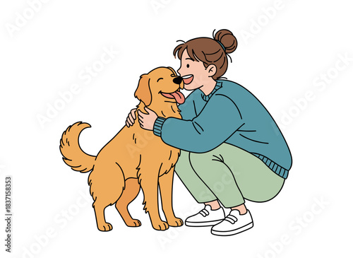 A young woman squats, hugging and kissing her dog, a funny girl embracing her domestic animal. A happy female cartoon character cuddles with her pet, isolated on a white background in a vector