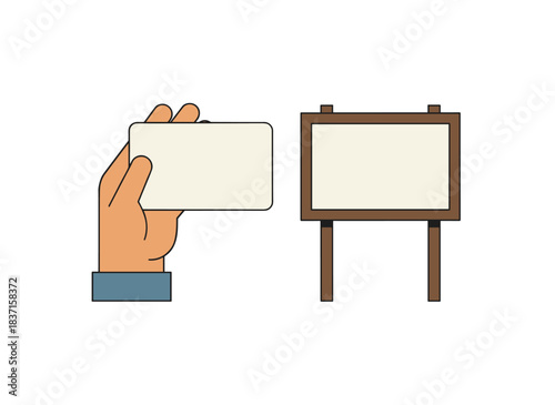 A hand grips a blank paper card while displaying information, with a note on a signboard. The illustration shows a clear placard background featuring empty space for details, rendered as a flat