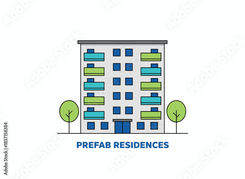 A panel-built structure featuring several levels, balconies, and a pair of trees nearby, depicted as a multi‑story residential building set against a white backdrop, rendered in vector style