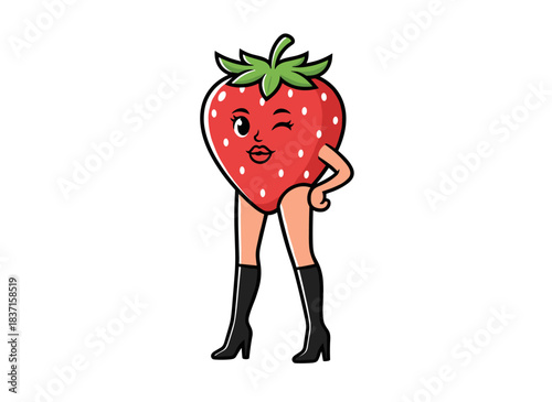 A playful, alluring strawberry with legs in high‑heeled boots, a whimsical, trendy fruit design element, a humorous, seductive character exuding beauty, and a flat vector illustration set against a
