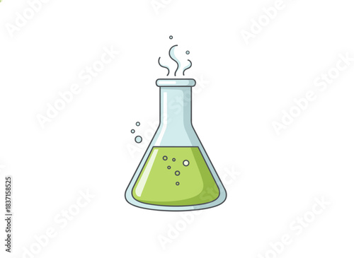 A laboratory flask used for experiments, a glass container filled with acid, part of chemistry equipment for scientific research, depicted as a flat cartoon vector illustration on a white background