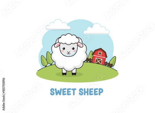 Adorable sheep with fluffy wool, a farm animal in the countryside, depicted as a charming ewe standing in a rural village setting, rendered as a flat graphic vector illustration on a white background