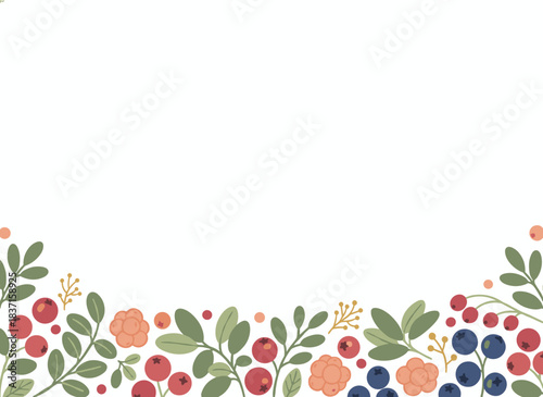 A horizontal background features hand‑drawn lingonberries along the lower edge against a white backdrop