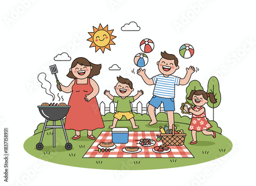 A cheerful family enjoys a summer barbecue, with a humorous mom, dad, and kids engaging in outdoor recreation, all depicted in a flat cartoon vector illustration
